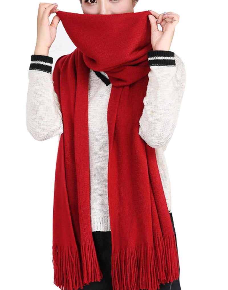 Wander Agio Women's Wraps Warm Long Scarves Winter Scarfs Pure Color Scarf Tassel Wine Red - Image 1